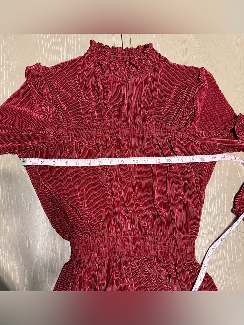 Badgley Mischka Metallic Plissé Smocked Ruffle Neck Blouse Tunic Red M - Picture 9 of 12